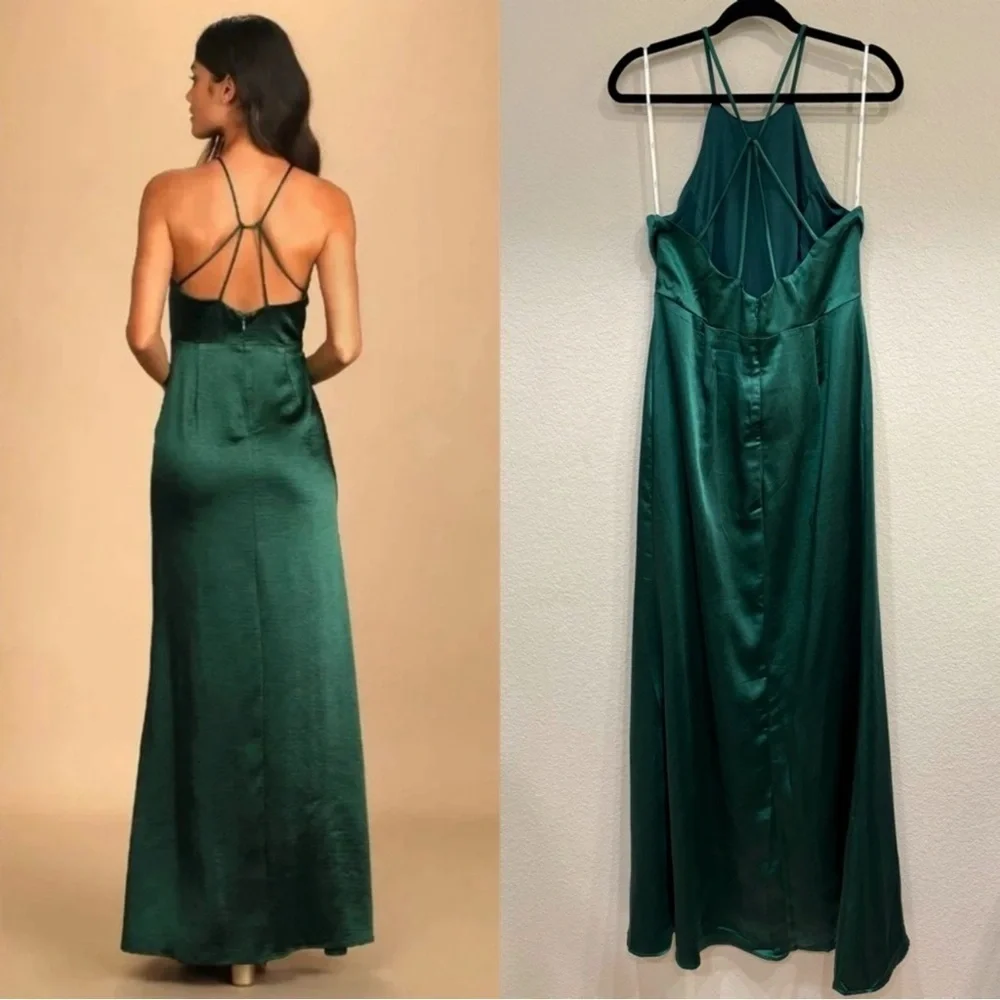 NWOT Lulus Make it Elegant Emerald Green‎ Satin Strappy Maxi Dress
